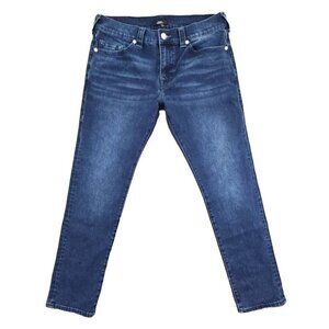 True Religion Jeans Men's 34 x 32 Blue Relaxed Denim Green Contrast Stitching